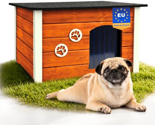 Outentin Hundehütte Outdoor Winterfest - Hundehaus für Mittelgroße Hund - Isoliert und Wetterfest - Hunde Haus für Draußen mit zum Öffnen Flachdach - Stabile und Moderne Villa - 76 x 60 x 60cm - Teak