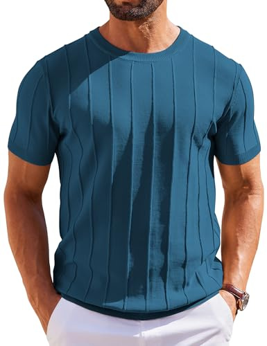 COOFANDY Mens Summer Shirts Ribbed Short Sleeve Casual Tee Crewneck Undershirts Knit Tshirt Peacock Blue
