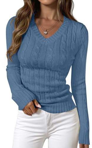 PRETTYGARDEN Pullover mit V-Ausschnitt für Damen 2025, langärmelig, Zopfmuster, Geripptes Strick-Top, Business, Freizeit, Herbst-Outfits, Grau, Blau, Mittel