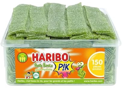 HARIBO - Pasta Basta PIK - Bonbons Piquants Goût Pomme - Sans Colorants Artificiels & Sans Gélatine - Boîte De 150 Bonbons Piquants