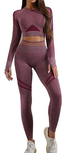 dohomiryo Donna Set di Abbigliamento Yoga Manica Lunga Top+Leggings 2 Pezzi Tuta Sportiva Palestra Fitness Activewear Rosso vino S