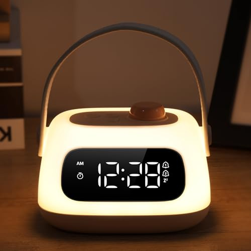 LOFICOPER Baby Night Light with Clock, Sleep Trainer Clock with Dual Alarms, Countdown, Snooze, Stepless Dimming, Timer, Portable Bedside Lamp for Kids, Toddler Breastfeeding