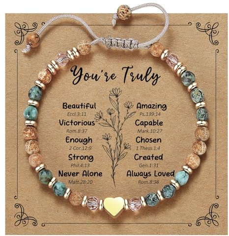 Naturstein Armband Damen mit Herz Anhänger, bracelet women als Glücksarmband & Freundschaftsarmband, Geschenk Naturstein Armband mit Schmuckbox, Boho Schmuck Damen für Geburtstag & besondere Anlässe