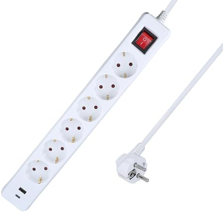 as - Schwabe Steckdosenleiste 6-Fach weiß | mit 2 USB-Ports (Typ A & C), 5 m Kabel, 230V/16A/3500W, gedrehte Steckdosen, IP20, beleuchteter Ein-/Aus-Schalter