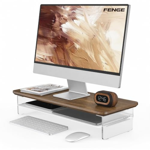 Fenge Monitorständer Acryl, Laptop PC TV, Monitor Stand, Braun, 60cm | Bis 45kg, Schwebendes Design, Metallablage, Rand Gegen Herunterfallen, Rutschfeste Füße, Bildschirm Schreibtisch Büro Zuhause