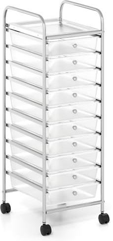 TANGZON 4/10 Drawers Storage Trolley, Rolling Utility Cart with Wheels, Multipurpose Mobile Shelving Organizer for Home Office Stationery Beauty & Salon (10 Drawers, 32x39x96cm, Clear)