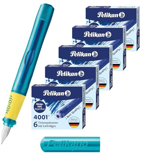 Pelikan Pelikano Junior Schulfüller für Rechtshänder in Türkis, mit Anfänger Feder A, 1 Stück (Rechtshänder, Türkis + extra Patronen)
