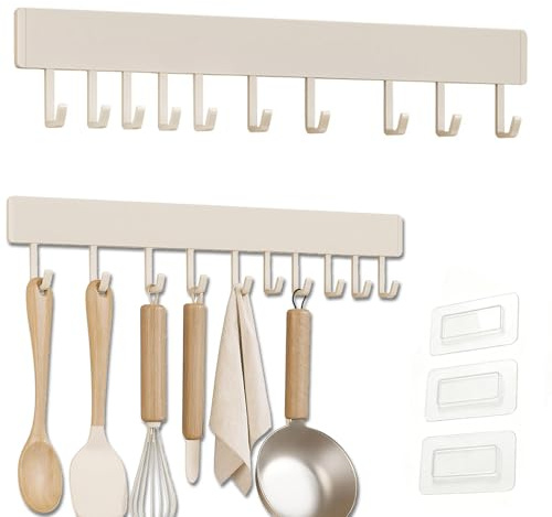 Hakenleiste Küche ohne Bohren Hängestange Selbstklebend für Schaufel-Löffel | Aluminium Hakenleiste, Abnehmbare, 50 cm, Mit 10 Beweglichen Haken und 3 Kleberückseite Geeignet, Vielseitig