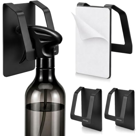 KIHOGEM Spray Bottle Hanger, Adhesive Spray Bottle Hook Stainless Steel Spray Bottle Holder Wall Mount Non Drilling for Cabinet, Kitchen or Under Sink 4pcs, Black