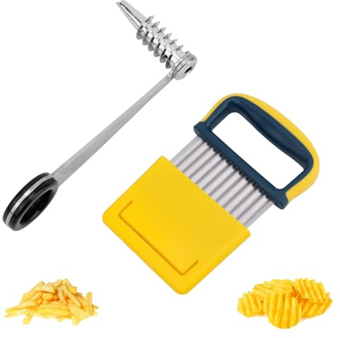 Spiral Cutter & Crinkle Cutter, Stainless Steel & Plastic Manual Spiralizer Wavy Knife for Potatoes Cucumbers Eggs Carrots Fruits Vegetables Home Kitchen Gadgets Restaurant Slicer Tools Supplies