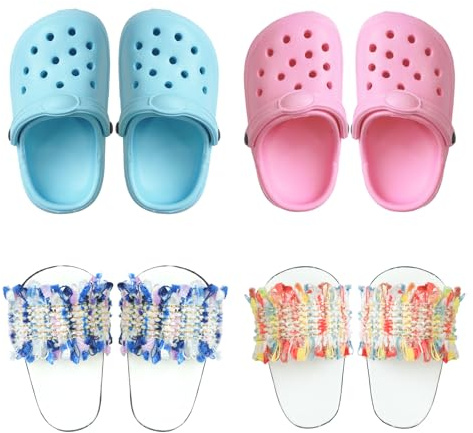 4 Paar Puppen Schuhe Zubehör Set für 14-18 Zoll Puppen, Puppenzubehör 43cm mit 2 Rosa Blau Sandalen 2 Bunte Pantoffeln, 35-45cm Puppe Zubehör Puppenkleidung für Baby Puppe Mädchen Jungen Geschenk