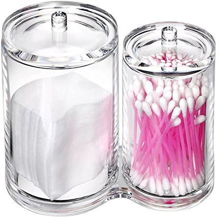 Hipiwe Clear Acrylic Cotton Swab Holder Preminm Quality Round Container Cotton Pad Q-tip Organize Case for Make Up Brush Clear Apothecary Jar