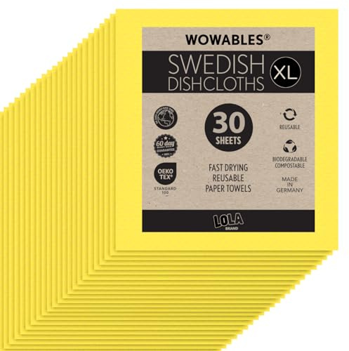 Swedish Dishcloths for Kitchen XL, 30 Sheet Roll, Biodegradable & Compostable, Reusable Paper Towel Cleaning Cloths, 11 x 10, No Odor, Washing Dishes, Ultra Absorbent Cellulose Sponge Towel, By LOLA