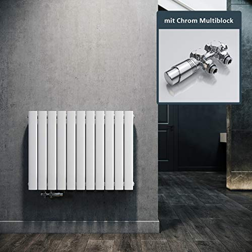 ELEGANT Design Heizkörper Horizontal mit Chrom Multiblock 630x847mm Einlagig Weiß Badezimmer/Wohnraum Paneelheizkörper Mittelanschluss Flachheizkörper