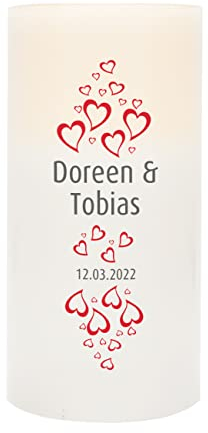 Herz & Heim® LED Echtwachs Hochzeitskerze mit Beschriftung der Namens und Datum Herzen