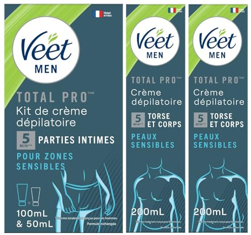 Veet Men - Kit d'Epilation Parties Intimes - Crème Dépilatoire 100 ml et Baume de Soin 50 ml - 2 Crèmes Dépilatoires Peaux Sensibles 200 ml
