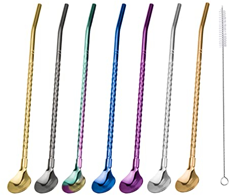 7 Stück Trinkhalmlöffel aus Edelstahl, wiederverwendbarer Strohhalm-Löffel mit 1 Reinigungsbürste (Gewinde)