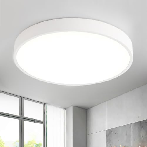 Style home 48W LED Deckenleuchte Rund Flach Deckenlampe, Warmweiß 3000K | moderne Lampe für Wohnzimmer Schlafzimmer Büro Küche Balkon Diele Flur,Metall, Ø50x4cm,Weiß