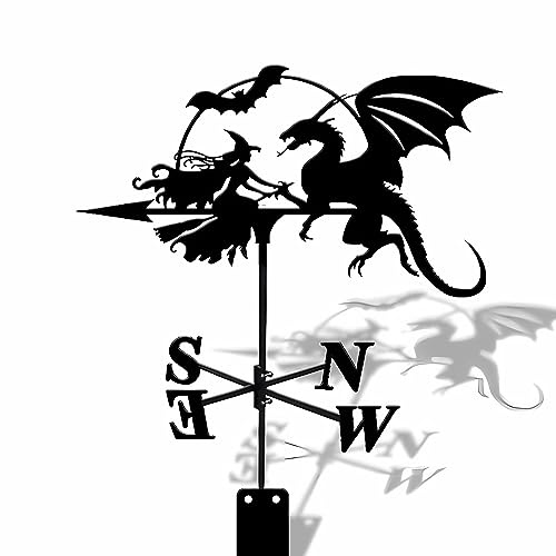 UZSPAC Wetterfahne Hexe mit Drache Metall Edelstahl Material Wetterhahn Dekorationen für Den Gartenbauernhof Schwarz 30 * 50/35 * 85cm (Size : S)