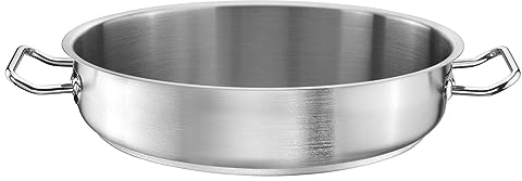 TOMGAST Servierpfanne Durchmesser: 36 cm Höhe: 8 cm Fassungsvermögen: 8 l | Edelstahl 18/10 | Wandstärke 1 mm bis 1,2 mm | Schichtaufbau Aluminium-Stahlboden | Induktion