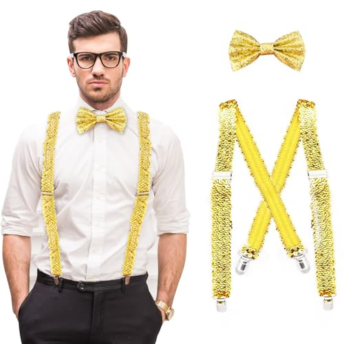 Silkwish Pailletten Hosenträger und Fliege, Herren Pailletten-Hosenträger-Set, mit verstellbaren Pailletten Schleife, für Kostüm-Zubehör, Karneval, Silvester, Mottoparty (Gold)