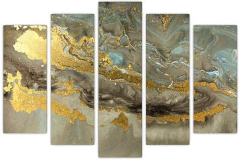AREDE Uppsättning av 5 väggkonstmålning bild affisch guld abstrakt konst, guld och blå abstrakt (120 x 80 cm) hem kontor väggdekoration tavlor vardagsrum sovrum dekoration redo att hänga upp
