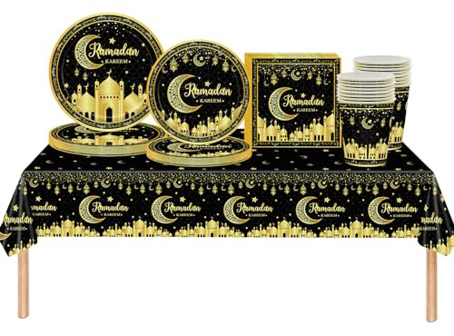69Pcs Eid Party Tableware Plastic Ramadan Kareem Table Cloth,Paper Plates,Napkins and Cups,Black Gold Moon Stars Dinnerware Set for Home Eid Ramadan Mubarak Islam Muslim Party Decorations