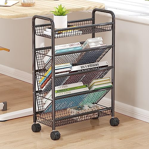 Carrello per libri con rotelle, libreria mobile con ruote, organizer compatto da scrivania, da pavimento, in metallo, per librerie/scaffale angolare per riviste per spazi ristretti (5 ripiani, nero)