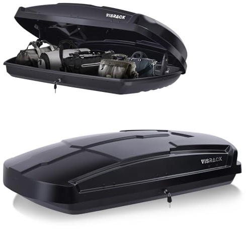 VISRACK Hard Shell Roof Cargo Box Carrier with Security Keys,Heavy Duty Waterproof Rooftop Storage Box,58.3 (L) x35.4 (W) x 13(H) Inches,15.5 Cubic Feet (Tool-Free Install),Dual Side Opening,Black