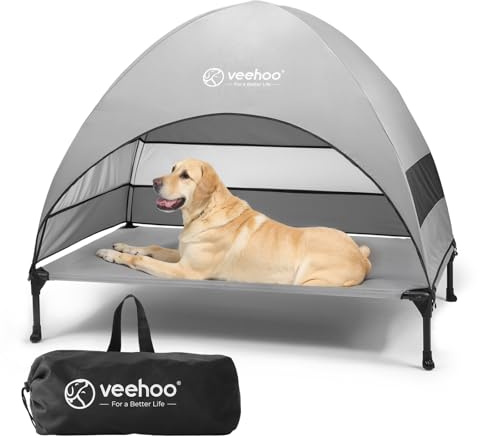 Veehoo Outdoor Dog Bed with Canopy, Cooling Elevated Pet Cot with Removable Shade, Non-Slip Feet, Raised Dog Cot for Large Dogs, Pet Tent Bed for Camping, Beach, Large, Grey, CWC2411