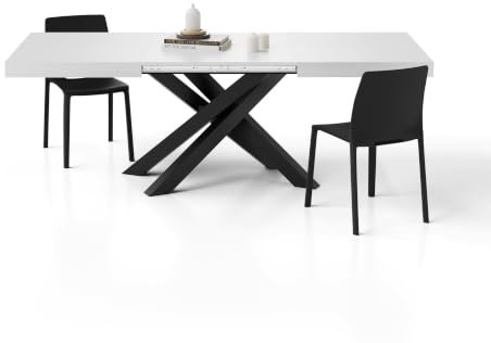 MOBILI FIVER, Ausziehbarer Esstisch Emma 140(220) x90 cm, Esche Weiss mit Schwarzen gekreuzten Beinen, Made In Italy