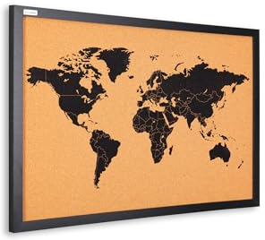 ALLboards Korktafel WELTKARTE, lackierter Holzrahmen, SCHWARZ, 60×40 cm
