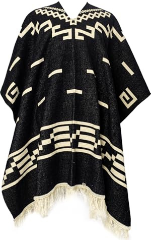 Poncho Alpaca Wester Style Clint Eastwood Geometrico Andino Artigianale Artigianale Ecuador Morbido e Caldo, Nero, taglia unica