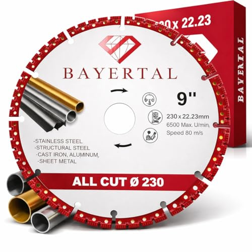 BAYERTAL® Diamanttrennscheibe 230 mm - Universal Allesschneider Trennscheibe - Flexscheibe Metall Stahl Beton Alu Kunststoff - 22,23 mm Aufnahme - All Cut Diamantscheibe in Premium-Qualität!