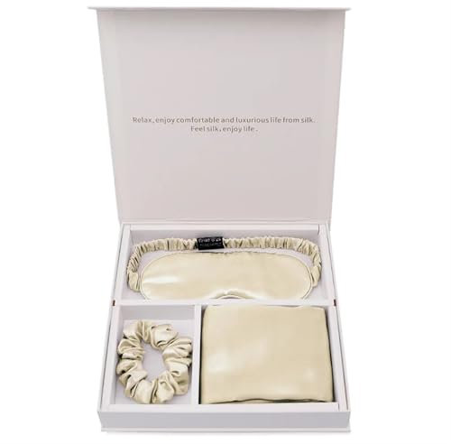 CSSHNL Seidenkissenbezug Maulbeerseide Kissenbezug Augenmaske Haargummi 3er Set for die Reise 19 Momme(Light Champagne)