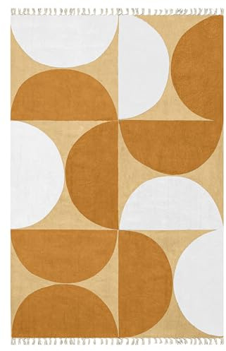 Kelim-Läufer, waschbar, 10,2 x 50,8 cm, Handblock, Halbmond-Druck, Baumwolle, dick, 0,5 cm, Handwäsche, Orange und Weiß, Flachgewebe-Teppich für Flur, Treppenhäuser, Korridor