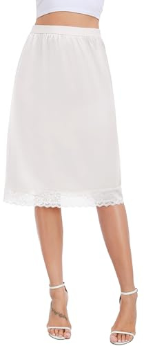 Lovasy Women's Half Slips Satin Long Underskirt with Lace Hem Wide Waist Slip Soft Half Slips for Under Dresses UK A-line Anti Static Petticoat Under Skirt,White,M