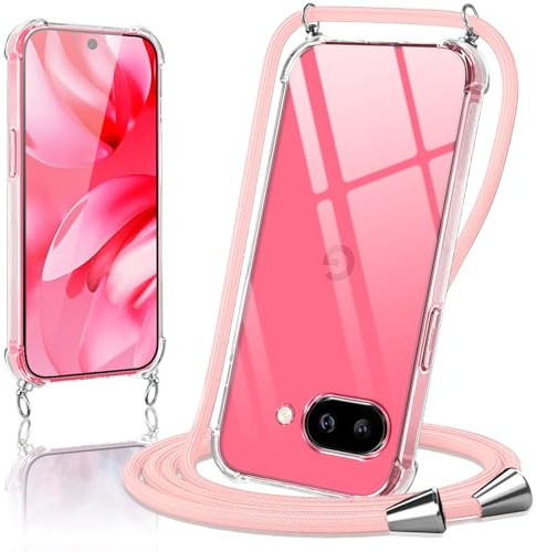 Oelrstfe Coque pour Google Pixel 9A avec Cordon, Housse Transparent Silicone Anti-Jaunissement Collier Réglable Case, Téléphone Étui Antichoc Portable Lanière Cover pour Google 9A - Rose