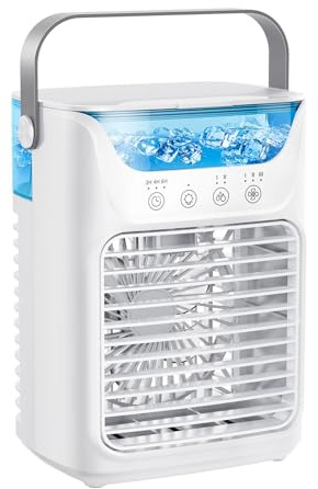 4 in 1 Tragbarer Klimaanlagen Lüfter, 700ML 3-Gang-Luftkühler Luftbe Feuchter mit 2 Kaltem Nebel, 3 Automatisches Timing, USB-betriebener Eisluft Kühler für Schreibtisch Büro