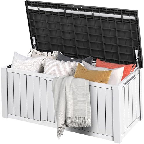 DWVO Gartenbox|450 Liter 142.1x67.6x60cm|Auflagenbox Aufbewahrungsbox Garten Kissenbox Outdoor Gartentruhe |Wasserdicht Gasdruckfeder|Für Sitzauflagen Gartengeräte & Kinderspielzeug|Schwarz + Weiß
