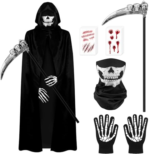 Derayee - Disfraz para adulto de Halloween, de 150 cm, máscara de cabeza de calavera, una hoz, guantes de calavera, kit de tatuaje de herida