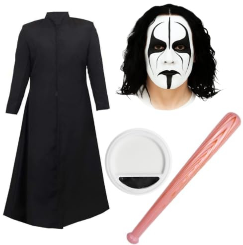 Set costume da lottatore sting da uomo con spolverino lungo, parrucca, pittura per il viso bianco e nero e pipistrello gonfiabile, costume retrò per wrestling, feste anni '90 e fumetto – standard