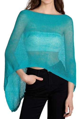Qtinghua Damen-Poncho, durchsichtig, Bolero, leichter Strick-Schal, Pullover-Sweater, sommerlicher Sichtschutz, Netz-Poncho, blau, One size