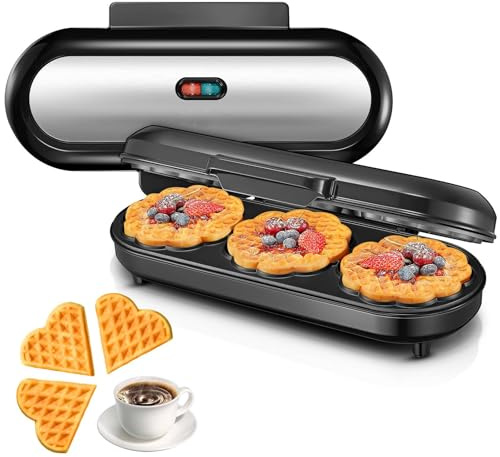 Dreifach-Waffeleisen mit 3 Antihaftbeschichtung Backflächen,15 Herzwaffeln in 2 Minuten fertig, Backampel, Herzwaffeleisen für klassische Herzwaffeln, Edelstahl, 1200W, Schwarz & Silber, ideal für Fam
