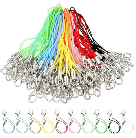 Quilax 100 Pcs Phone Charm Strap, Colorful Keychain Charms with Lobster Clasp, Keyring Making Kit for Hanging on Christmas Tree, Phone Charms Strap for Cellphone, USB Drive, Keychains DIY Crafts