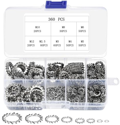 360 Pcs Rondelle de Blocage, Rondelle Eventail Inox, Rondelles de Retenue à Dents Externe, Rondelles de Serrage en Acier Inoxydable, M2,5 M3 M4 M5 M6 M8 M10 M12