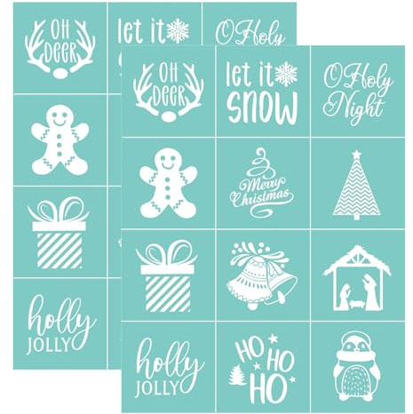 2 x Weihnachts-Minis-Siebdruck-Schablonen, wiederverwendbar, selbstklebend, Siebdruck, Heim-Weihnachtsdekoration, Dekoration für Holz/Stoff/Wand/Tasse/Teller/Glas/Papier
