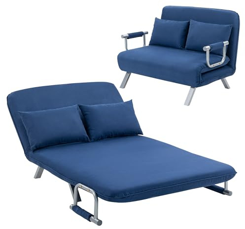 HOMCOM 2 Seater Sofa Bed, Click Clack Convertible Bed Settee, Modern Faux Suede Upholstered Sofa with 2 Pillows for Living Room, Guest Room, Dark Blue