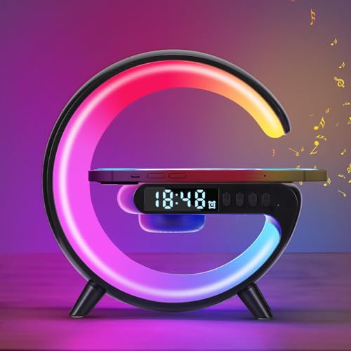 SUNJULY Led Wireless Charger Lamp, G Shaped Lamp Phone Charger Bluetooth Speaker with 10 Lighting Modes and 5w Wireless Fast Charging, Dimmable Bedside Lamps and Alarm Clock, Gifts for Boys Girls