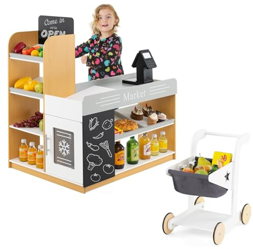 GOPLUS Kaufladen mit Einkaufswagen, Kaufmannsladen mit Kasse & 2 Tafel, Einkaufsladen Kinder mit inkl. Scanner & Kartenlesegerät, Supermarkt Holz, Verkaufsstand für Kinder ab 3 Jahren